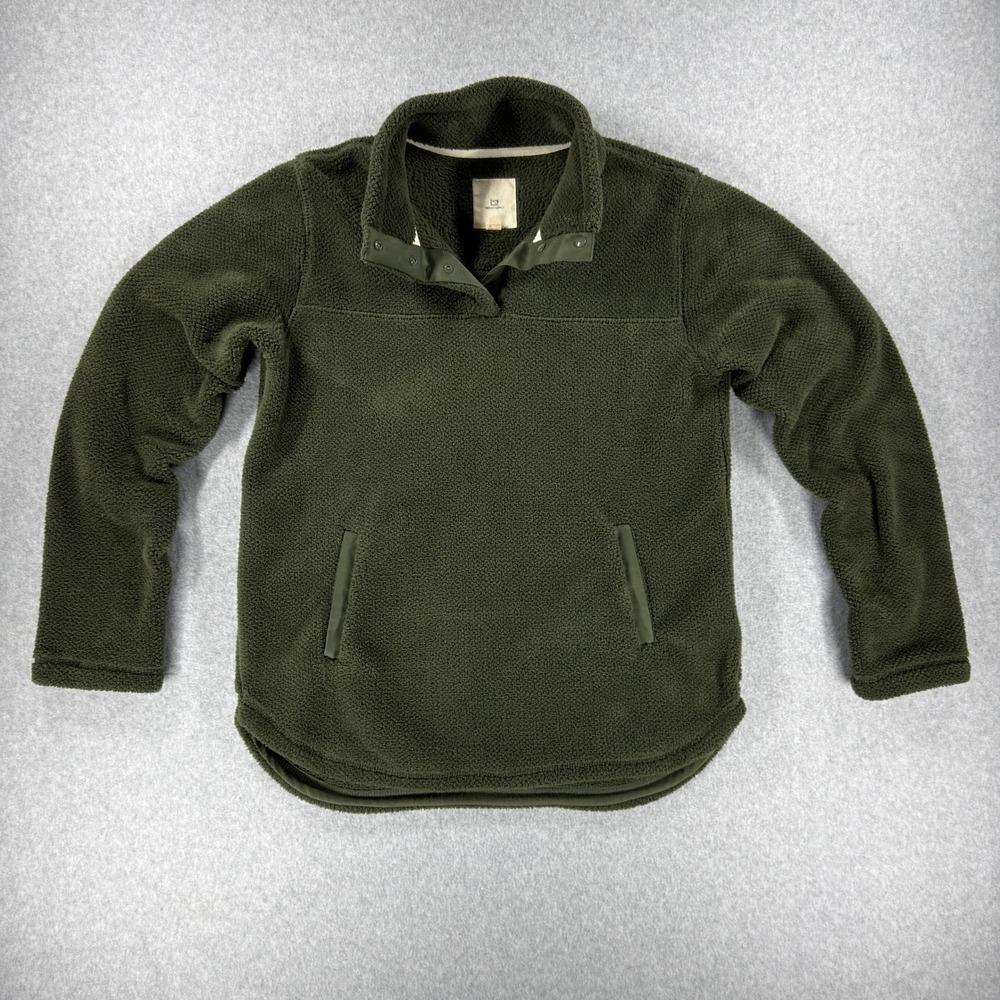 Thread & Supply Olive Green Sherpa Fleece Snap Pullover Elbow Patches Small